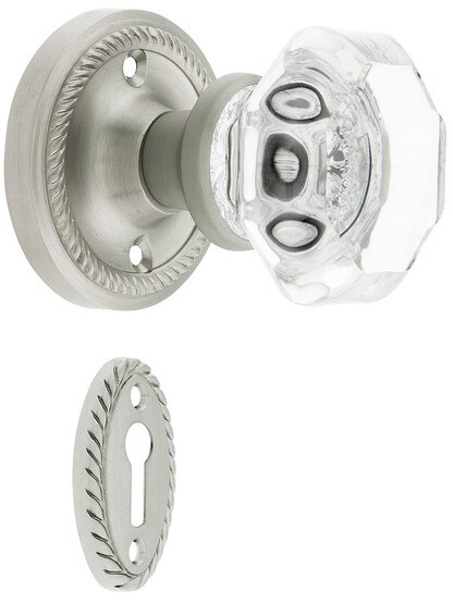 Rope Rosette Mortise Lock Set With Waldorf Crystal Knobs Satin Nickel.